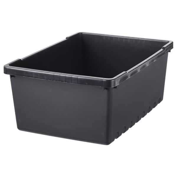 Black plastic storage bin, rectangular shape, smooth sides, deep container.
