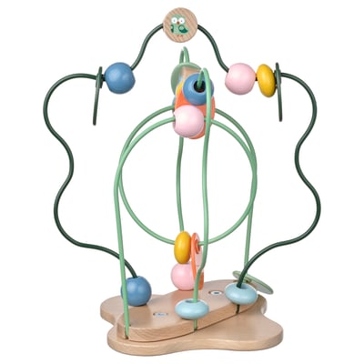 The UPPSTÅ toy colourful wooden beads and leaves on a green wire tree frame. Its whimsical design helps children learn colours and shapes.