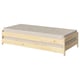 A light wooden stackable bed frame with a light gray mattress.