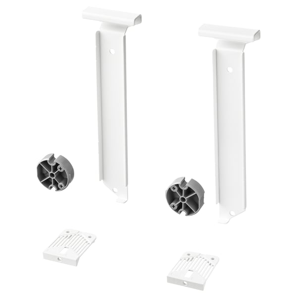 This image displays two white UTRUSTA kitchen brackets and matching plastic parts for connecting to drawers.
