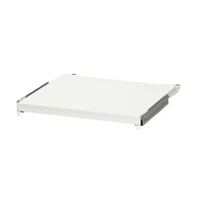 An UTRUSTA pull-out shelf in white with a laminate surface. It is rectangular with metal runners for support and installation brackets on both ends.