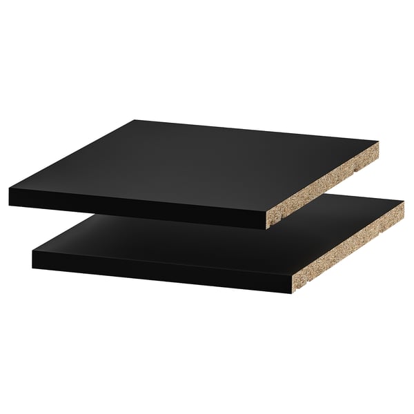 Two black rectangular shelves, stacked, with smooth surfaces and sturdy edges. Design is sleek and modern.