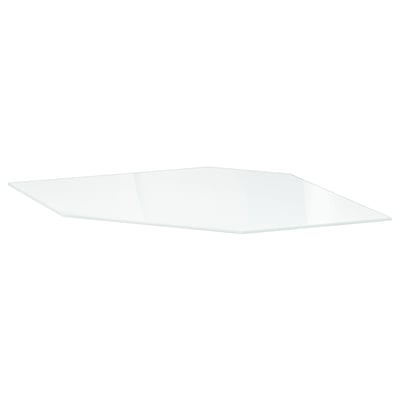 This image shows an UTRUSTA glass shelf, clear and rectangular, with a smooth edge design. Its made of tempered glass.