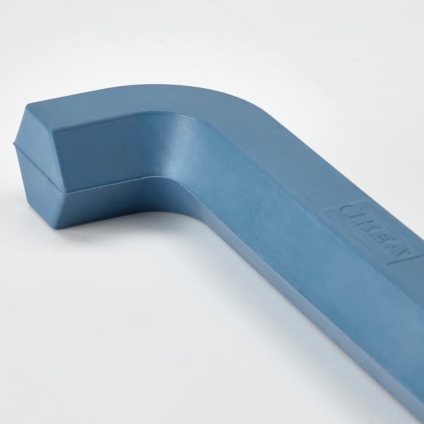 Blue dog toy resembling an allen key, made of natural rubber for durability and safety.
