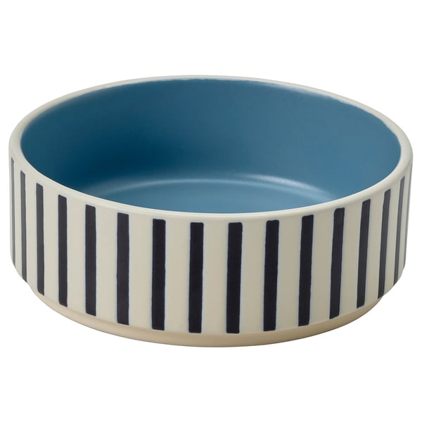 UTSÅDD blue and white striped pet bowl; round, stoneware.