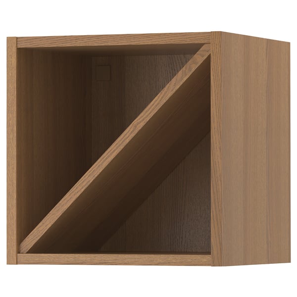 An open VADHOLMA wooden cabinet in brown, designed for storing bottles with a diagonal shelf for easy access.