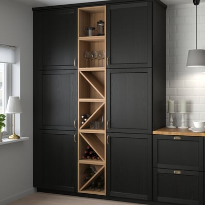 Large black VADHOLMA wine storage cabinet holds bottles & glasses, adding rustic charm to modern kitchens. Tall, fits in corner, open middle shelves.