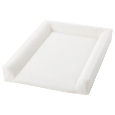 The VÄDRA white padded changing mat, rectangular shape with raised edges, made of peva and polyester.