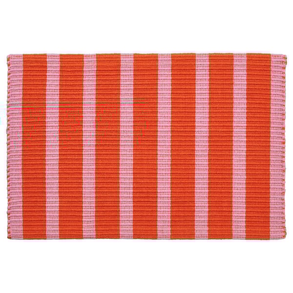 VÄGSKYLT door mat, orange & pink stripes, cotton, rectangular, machine washable.