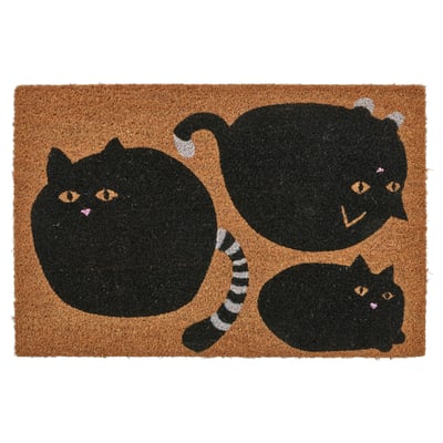 A brown doormat with black cat designs made of coir. There are three cartoon-style black cats with expressions on a light brown background.