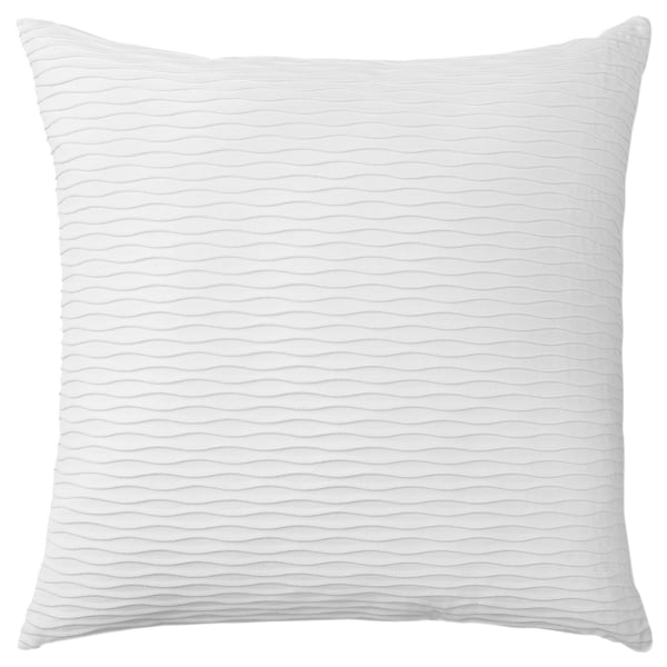 A white, square VÄNDEROT pillow with a wavy design and feather filling.