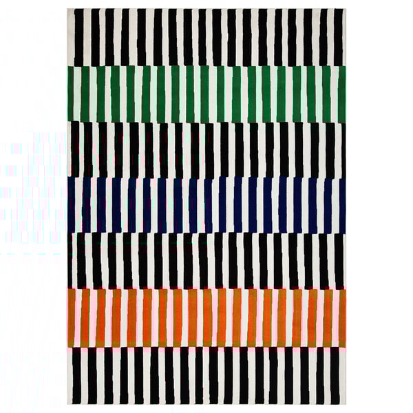 A rectangular VÄNDPLATS rug by tom hedqvist, featuring black, green, blue, and orange stripes, made of polypropylene.