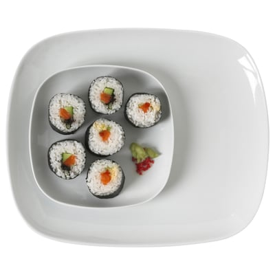 White square porcelain plate, holds six sushi rolls, minimalist design, clean and simple look.