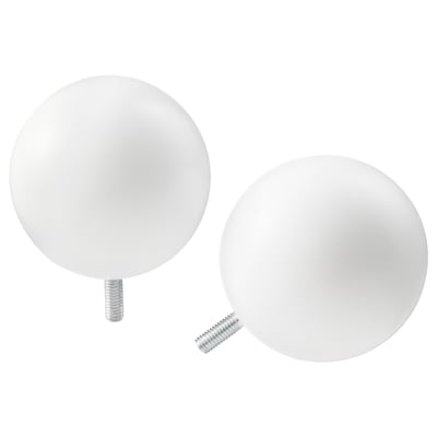 Two white spherical curtain rod finials with a smooth surface and threaded steel screws.