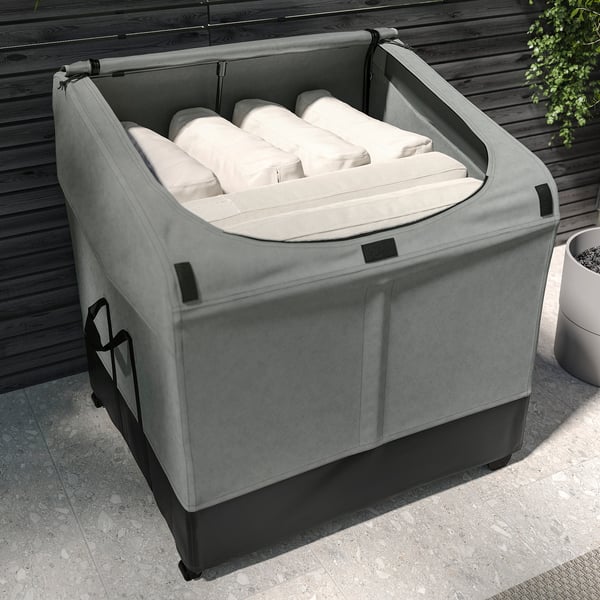 Waterproof outdoor storage box, housing cushions, with ventilation for air circulation.