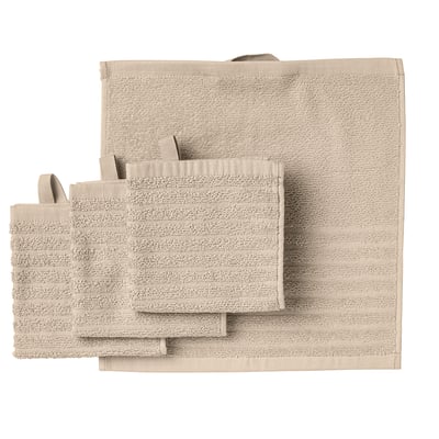 VÅGSJÖN towel set in beige, thick cotton, rectangular with striped patterns.