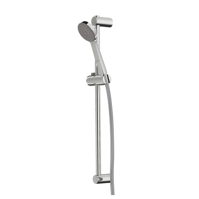 Chrome shower riser rail with adjustable bracket and hand spray.