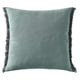 Square throw pillow with teal woven texture and fringed edges.