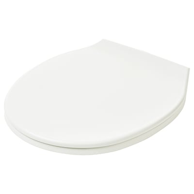 A white, semi-circular bathroom item, likely a toilet lid with soft-close hinges.
