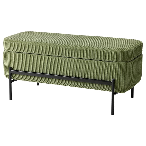 Green and black VALTORP bench with metal legs and storage.