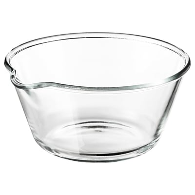 Clear glass mixing bowl with a handle and spout, perfect for kitchen use.