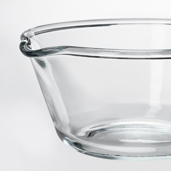 Clear glass bowl with pour spout, showing smooth, well-made edges and transparency.