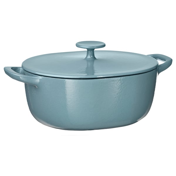 VARDAGEN cast iron casserole, sky blue, two handles, rounded lid, sleek design.