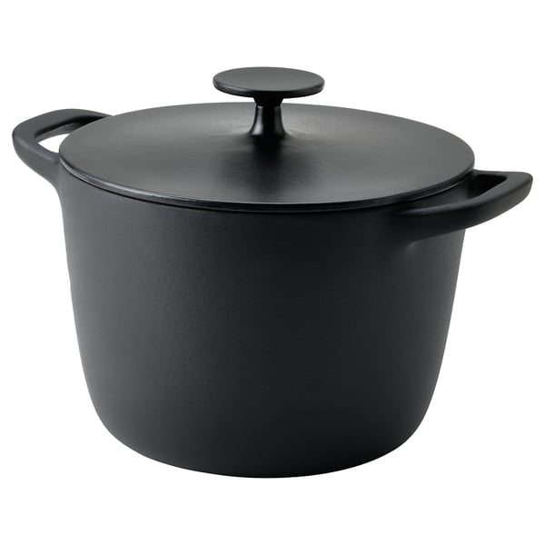 Black VARDAGEN cast-iron casserole with lid.