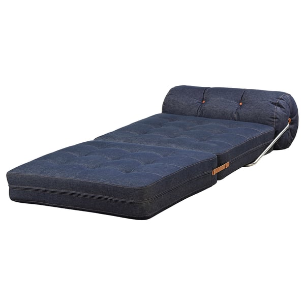 Ikea VÅRKUMLA chair bed in denim, with fold-out cushions for sleeping.