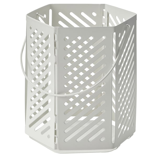 White VÅRSYREN lantern with hexagonal steel body and handle, cutouts for shadow effect.