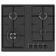 Black glass gas hob with four burners and electronic ignition.