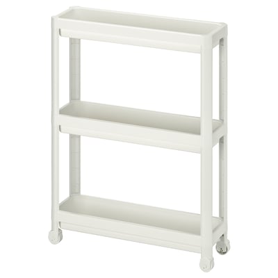 A white plastic rolling storage cart with three shelves for bathroom use.