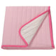 Pink bedspread with white detail, pink edging, rectangular, folded.