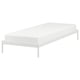 Minimalist VEVELSTAD bed, white metal frame, clean lines, easy storage.