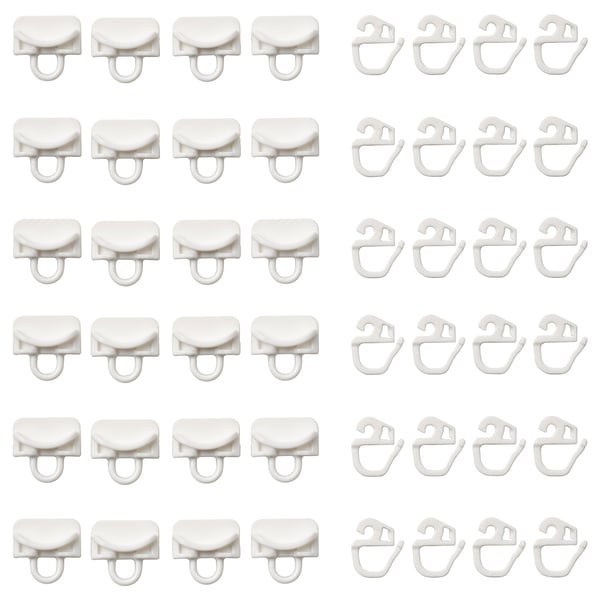 White plastic curtain hooks, neatly organised in rows, ideal for hanging curtains with VIDGA system, creating various pleat styles.