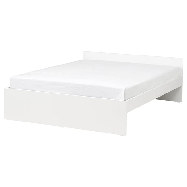 Modern white VIHALS bed frame, minimalist design, clean lines, small storage options.