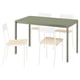 Green dining table with 4 white chairs, melamine top, metal legs. Chairs have wooden seats, metal legs, and two-slat backs.