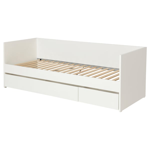 White VIHALS daybed with storage drawers and slatted base.