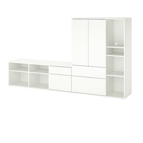 Modern white tv storage unit with shelves, drawers & cabinets for functional organization.