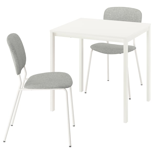 Compact white dining set with grey cushioned chairs.