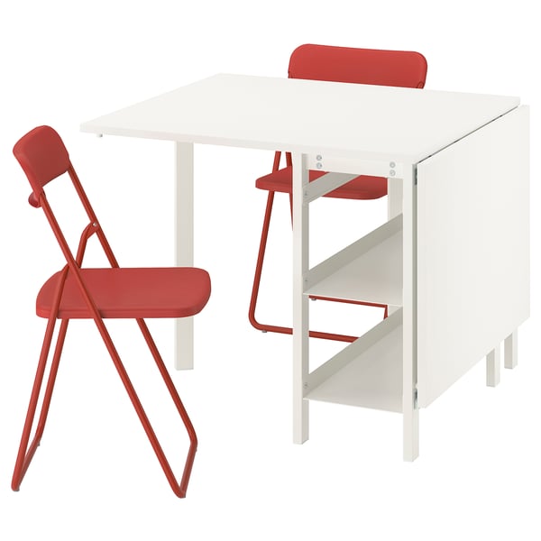 VIHALS red folding chair and white square table setup. Modern minimalist design with space-saving. High-strength steel and plastic materials.