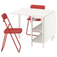 VIHALS red folding chair and white square table setup. Modern minimalist design with space-saving. High-strength steel and plastic materials.