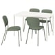 VIHALS white extendable dining table with four green upholstered chairs, sleek and modern design.