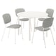 A white VIHALS round dining table with four light grey cushioned chairs arranged around it, ideal for socialising.