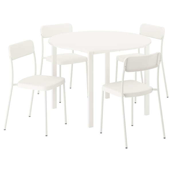 IKEA VIHALS white round dining table and four chairs set, minimalist design.