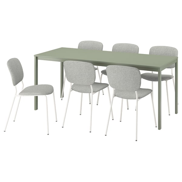 Modern green VIHALS dining table with 4 grey chairs and 1 extra, rectangular with clean lines. Chairs have white legs and padded seats.