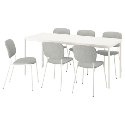 A white VIHALS dining set with a rectangular table and six grey upholstered chairs. The design is clean and modern.