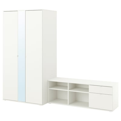 White VIHALS wardrobe with mirrored doors & tv stand with shelves & drawers, renewable materials.