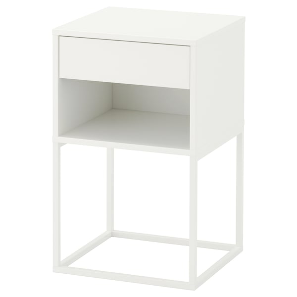 VIKHAMMER white bedside table with drawer and open shelf, sleek modern design.