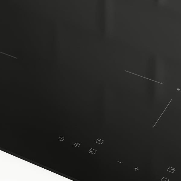 Black induction hob with touch controls. Four cooking zones and a digital display.